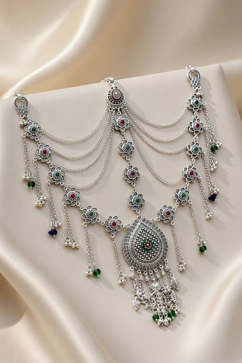 Silver Oxidised Multi-Layered Kamarband with Floral Accents and Colorful Stones