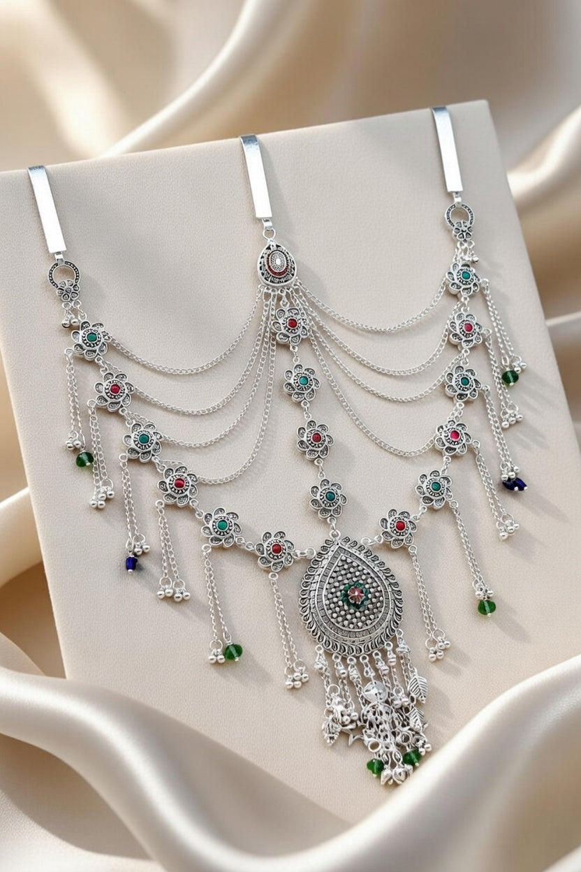 Silver Oxidised Multi-Layered Kamarband with Floral Accents and Colorful Stones