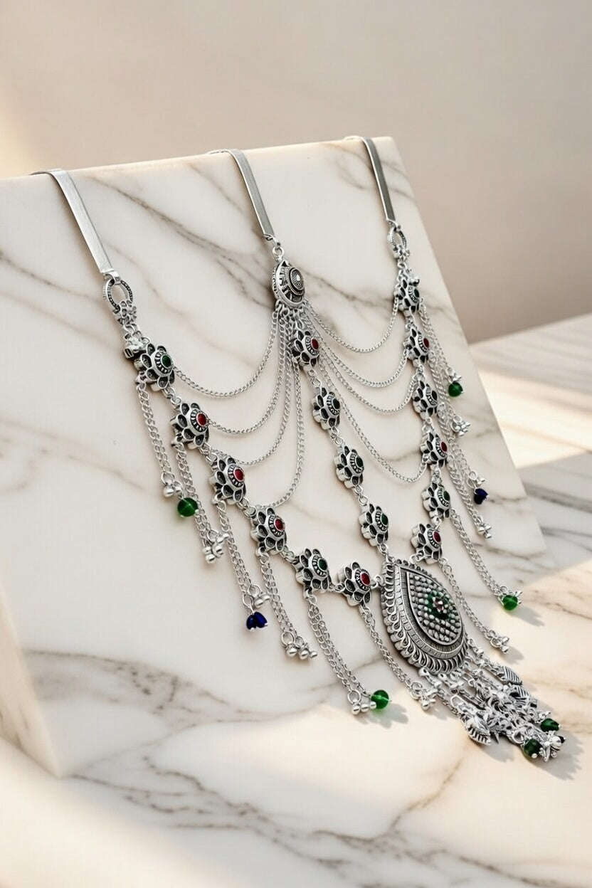 Silver Oxidised Multi-Layered Kamarband with Floral Accents and Colorful Stones