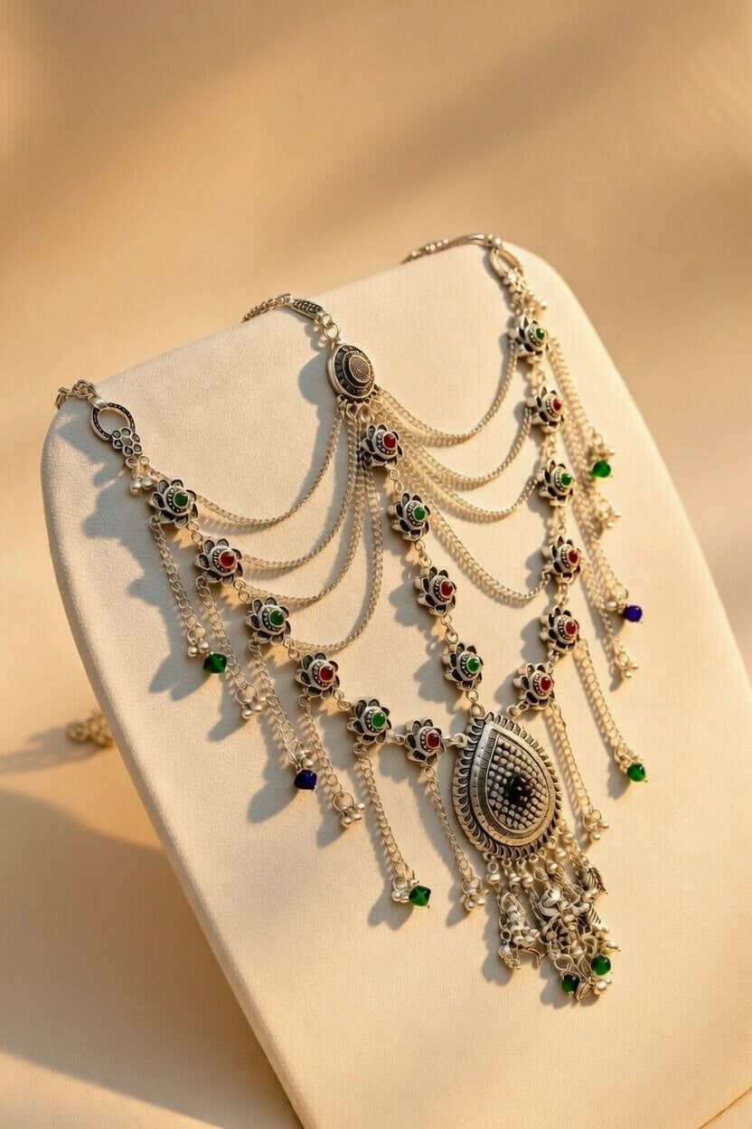 Silver Oxidised Multi-Layered Kamarband with Floral Accents and Colorful Stones