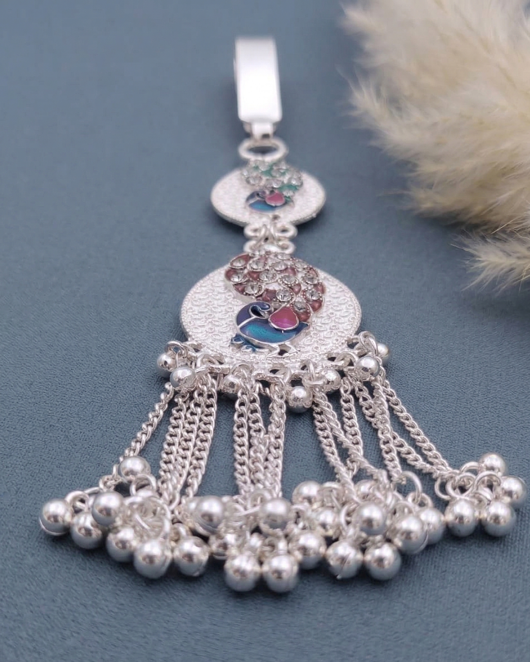 Silver-Plated Meenakari Peacock Challa with Cascading Ghungroo Tassels