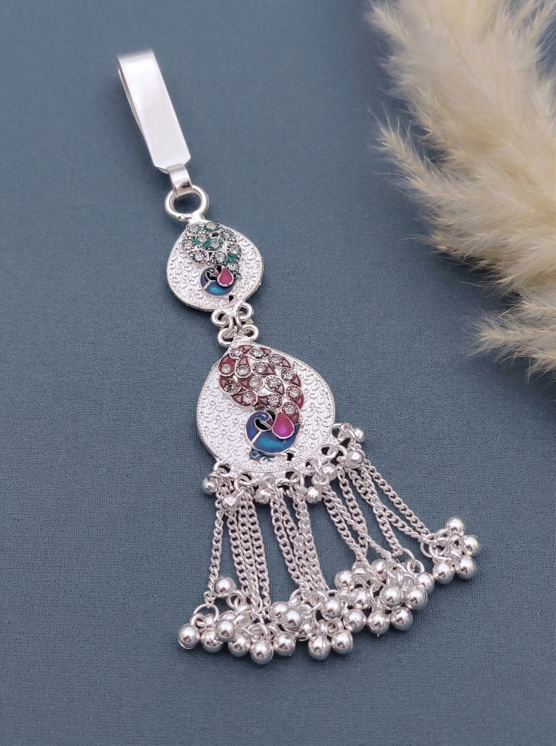 Silver-Plated Meenakari Peacock Challa with Cascading Ghungroo Tassels