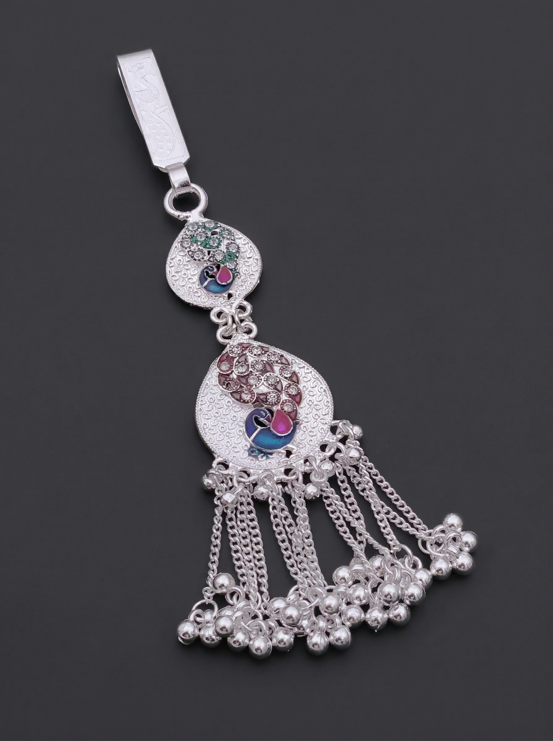 Silver-Plated Meenakari Peacock Challa with Cascading Ghungroo Tassels
