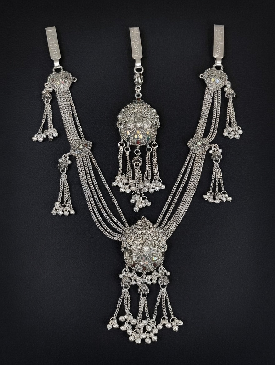 Silver-Toned Oxidized Peacock Kamarbandh Set