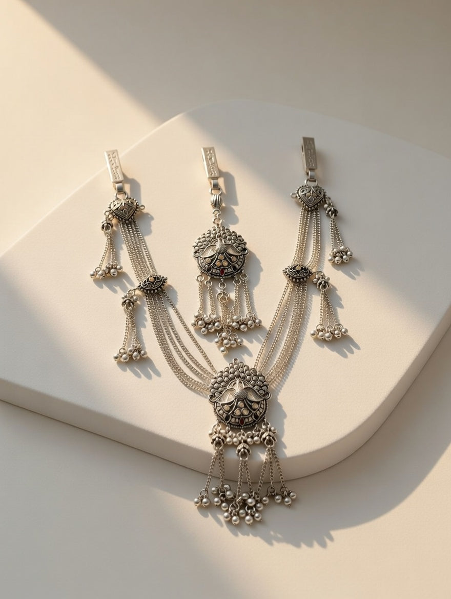 Silver-Toned Oxidized Peacock Kamarbandh Set