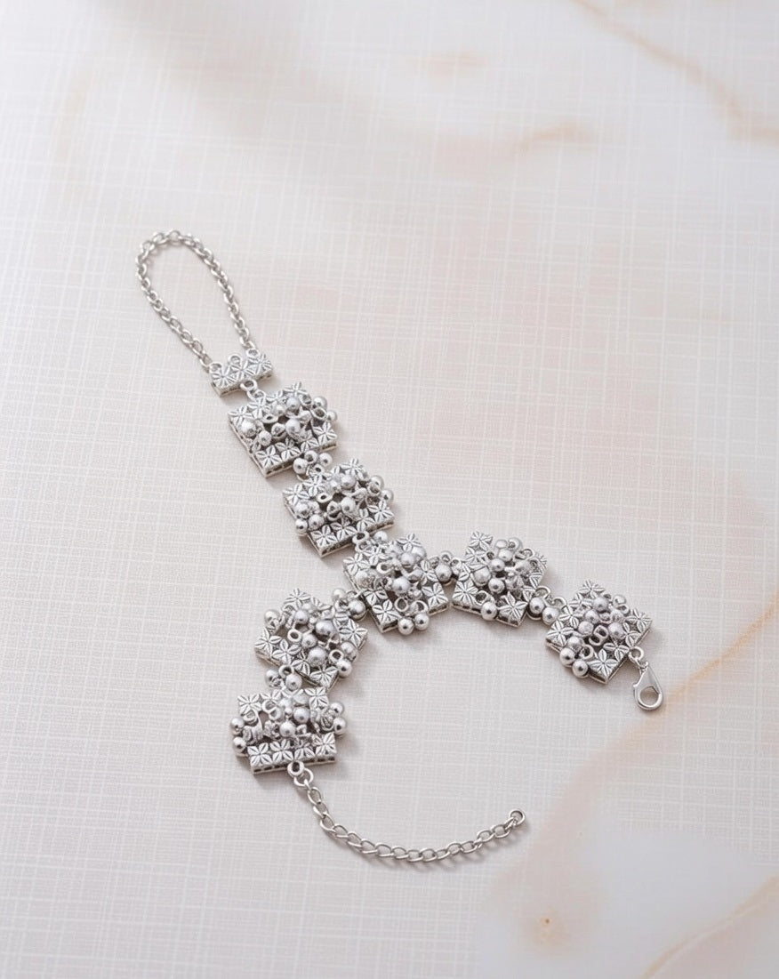 Traditional Oxidised Silver Hathphool Ethnic Floral Square Design Hand Harness with Finger Ring