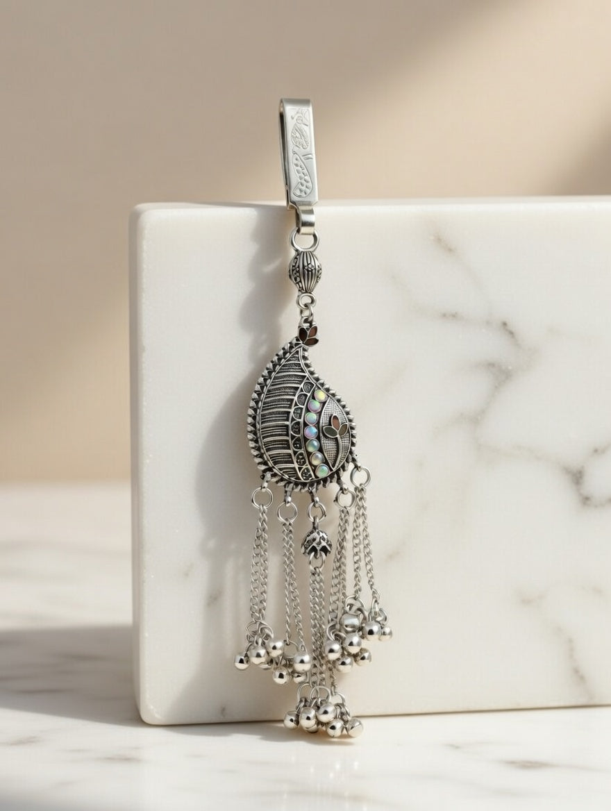 Traditional Oxidised Silver-Plated Paisley Kamar Challa | Waist Keychain with Ghungroo Tassels