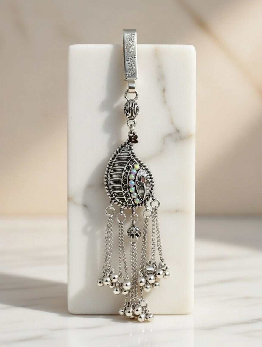 Traditional Oxidised Silver-Plated Paisley Kamar Challa | Waist Keychain with Ghungroo Tassels