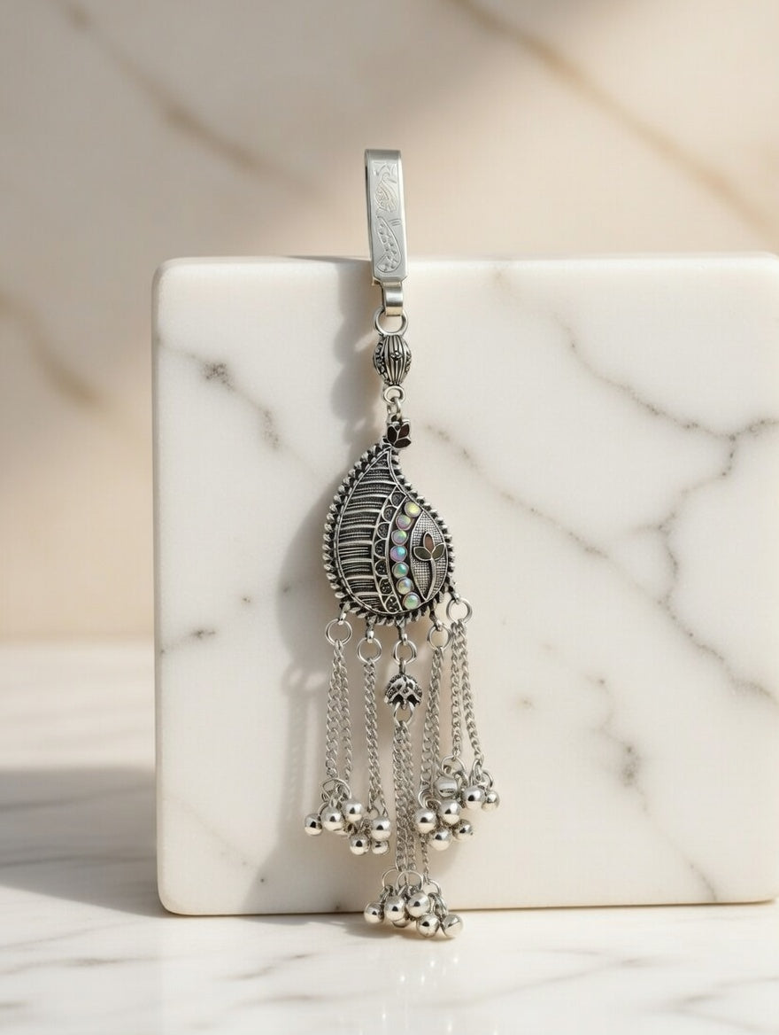 Traditional Oxidised Silver-Plated Paisley Kamar Challa | Waist Keychain with Ghungroo Tassels