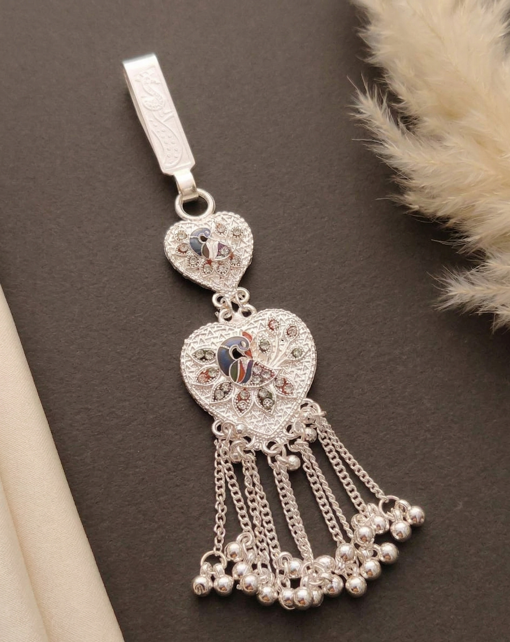 Traditional Oxidized Silver Peacock Heart Saree Chabi Chhalla with Beaded Ghungroo Tassels