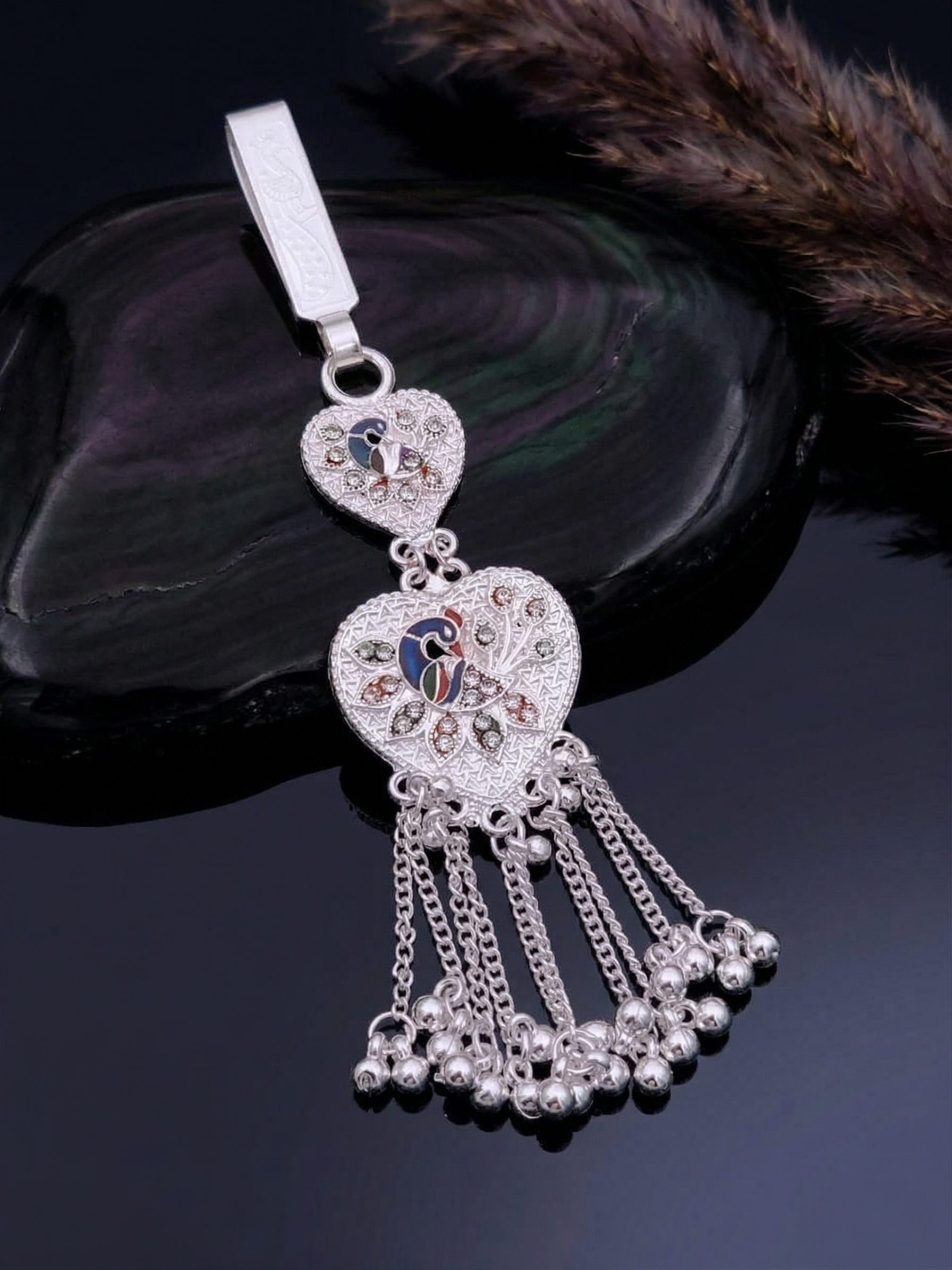 Traditional Oxidized Silver Peacock Heart Saree Chabi Chhalla with Beaded Ghungroo Tassels