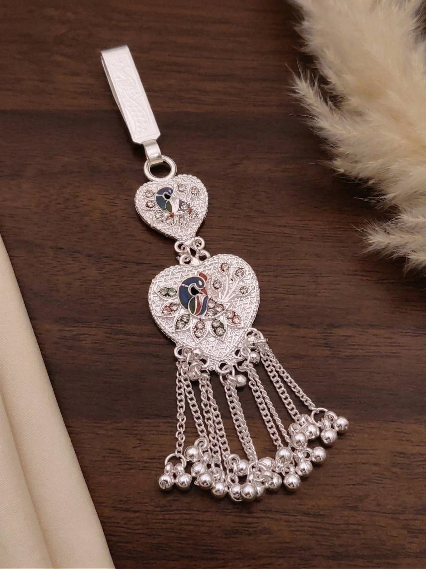 Traditional Oxidized Silver Peacock Heart Saree Chabi Chhalla with Beaded Ghungroo Tassels