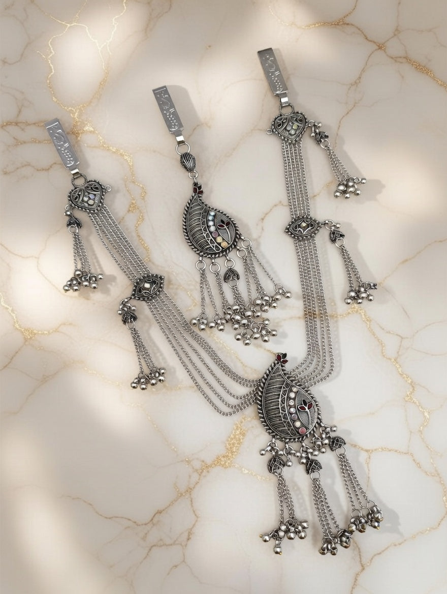 Traditional Oxidized Silver Peacock Motif Kamarbandh Set with Ghungroo Hangings
