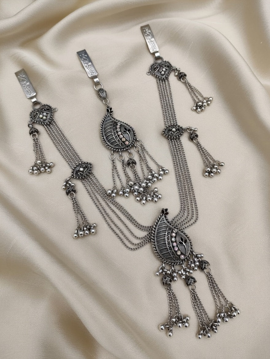Traditional Oxidized Silver Peacock Motif Kamarbandh Set with Ghungroo Hangings