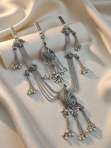 Traditional Oxidized Silver Peacock Motif Kamarbandh Set with Ghungroo Hangings