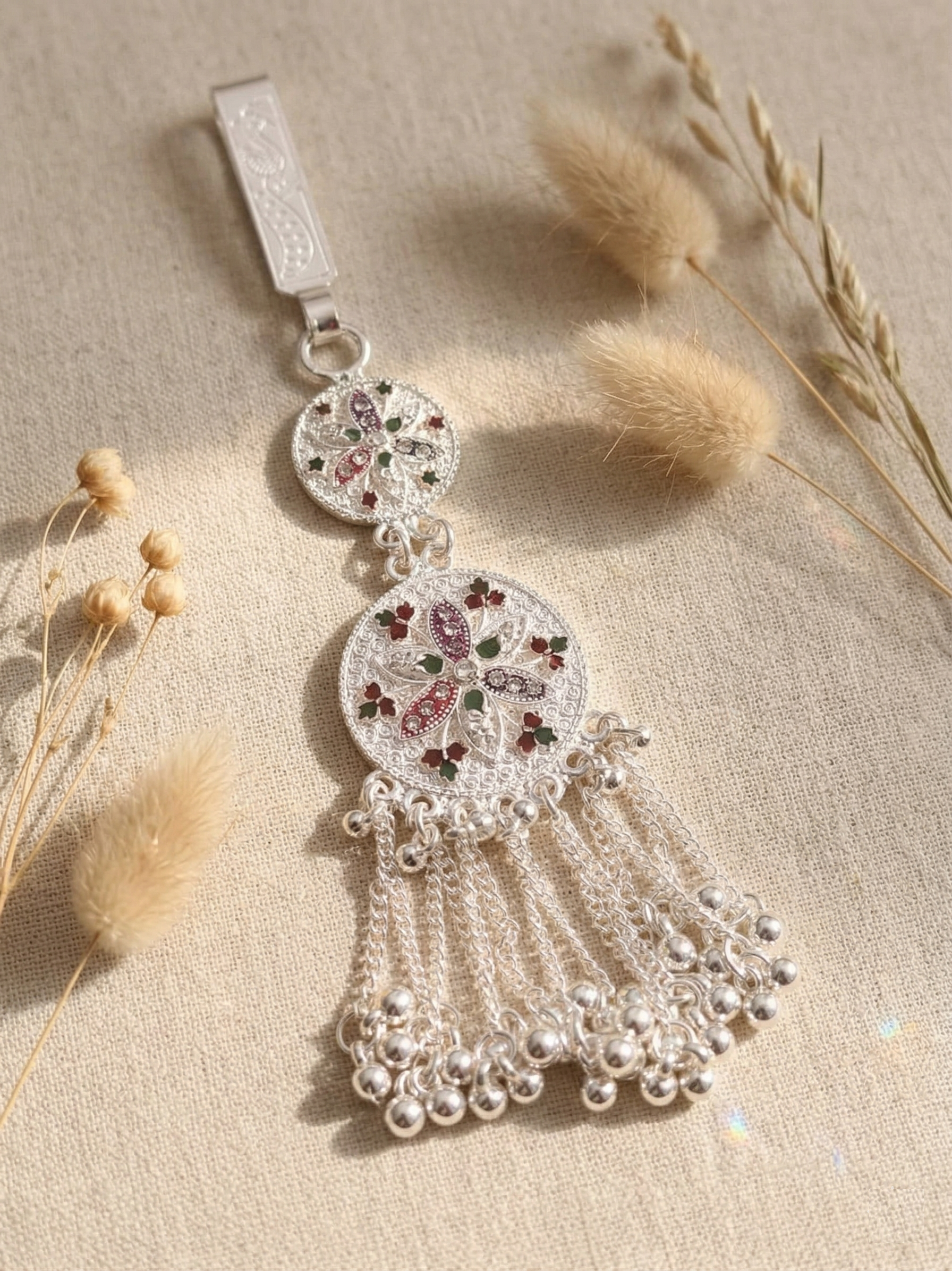 Traditional Oxidized Silver-Plated Chabi Challa (Waist Keychain) with Meenakari Work and Ghungroo Tassels