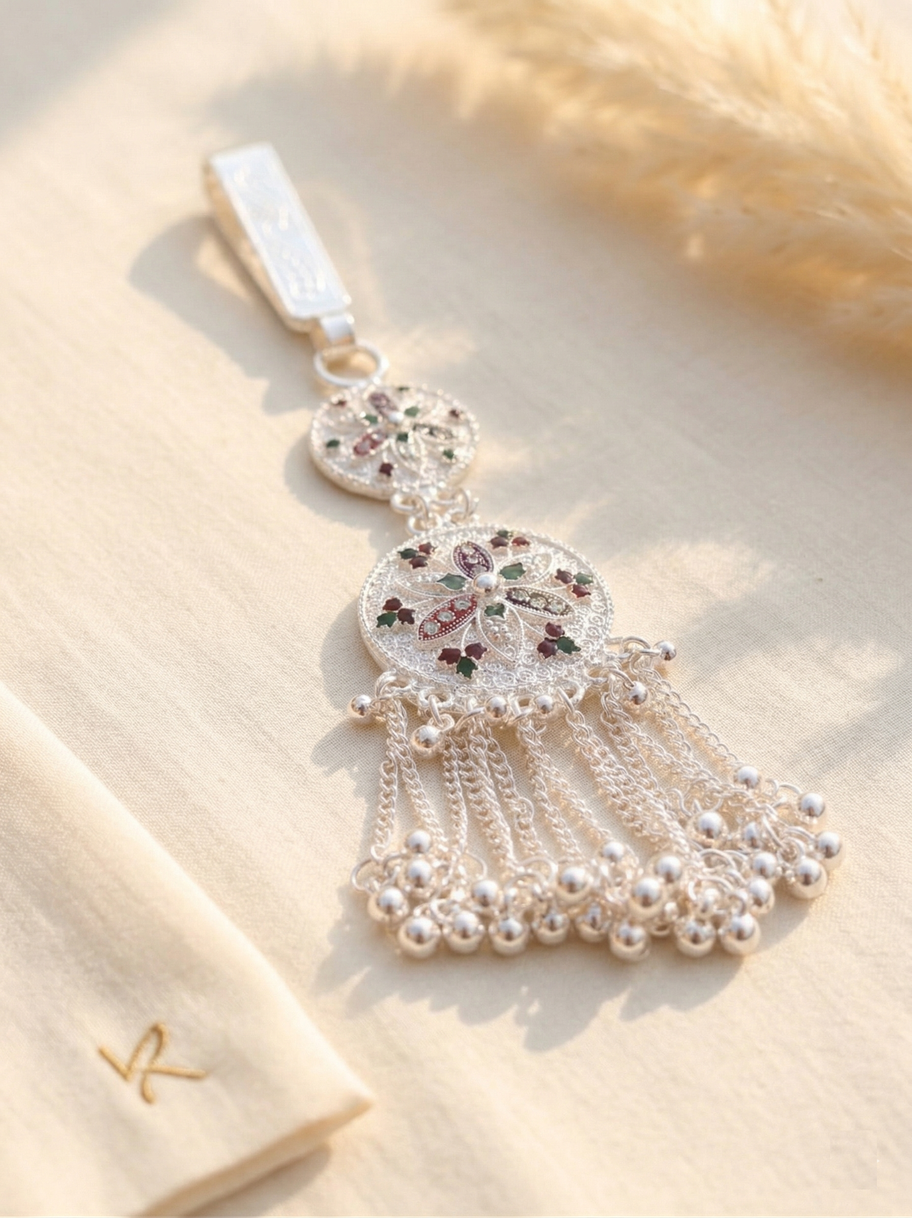 Traditional Oxidized Silver-Plated Chabi Challa (Waist Keychain) with Meenakari Work and Ghungroo Tassels