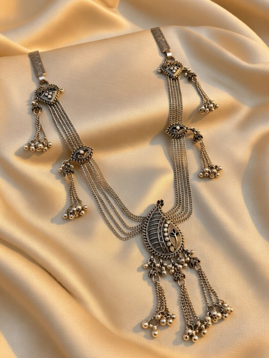 Traditional Oxidized Silver-Plated Waist Belt Ethnic Peacock Design Saree Chain
