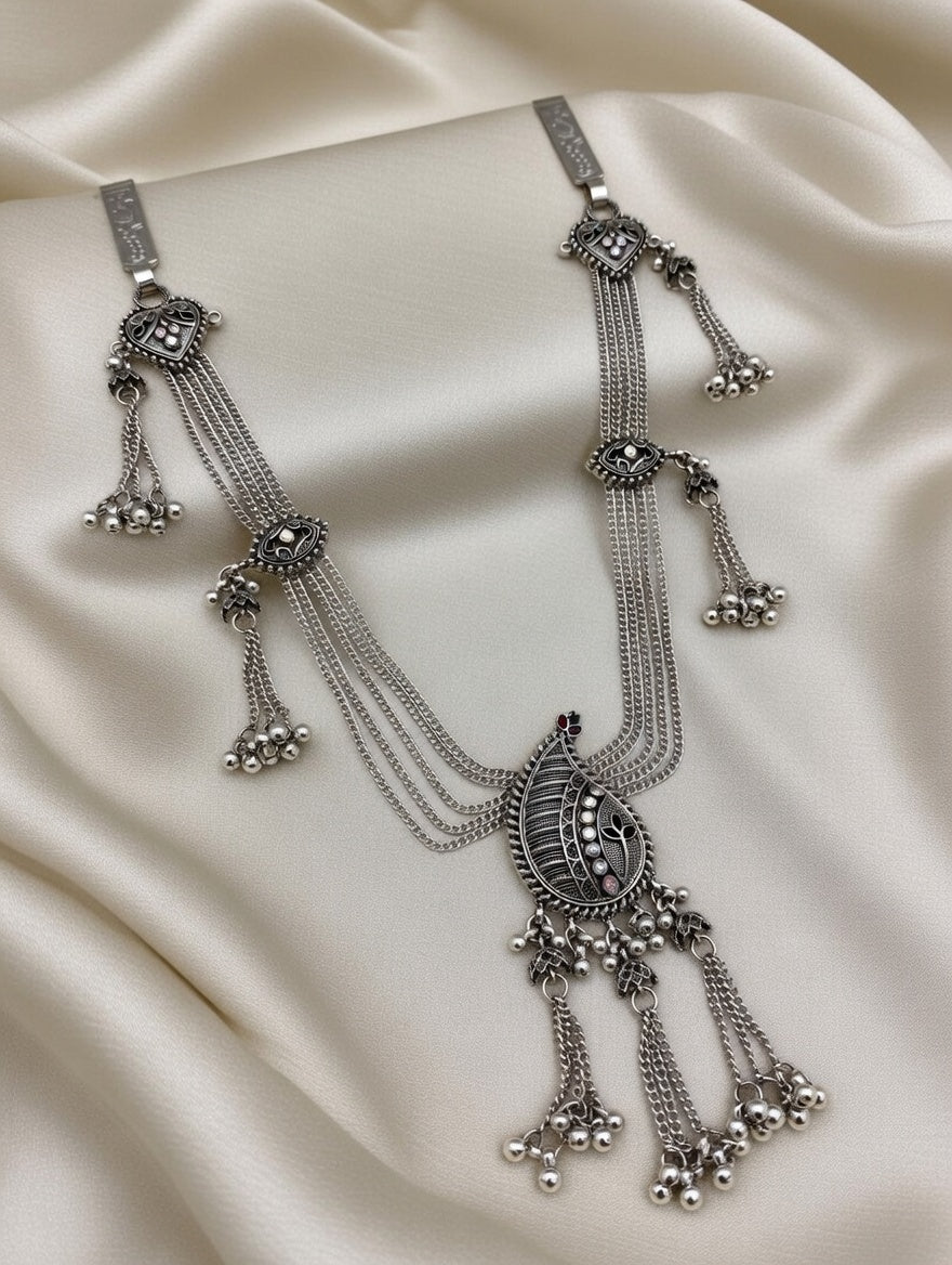 Traditional Oxidized Silver-Plated Waist Belt Ethnic Peacock Design Saree Chain