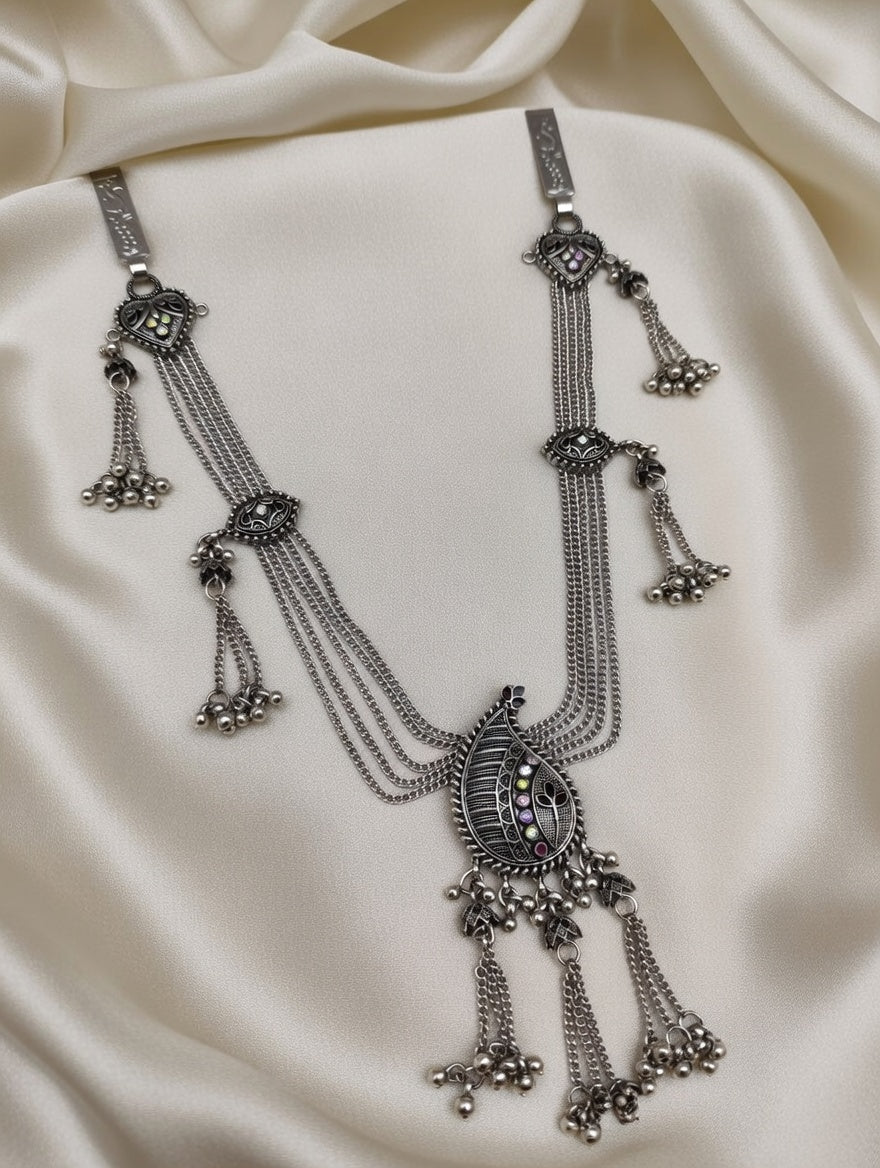 Traditional Oxidized Silver-Plated Waist Belt Ethnic Peacock Design Saree Chain