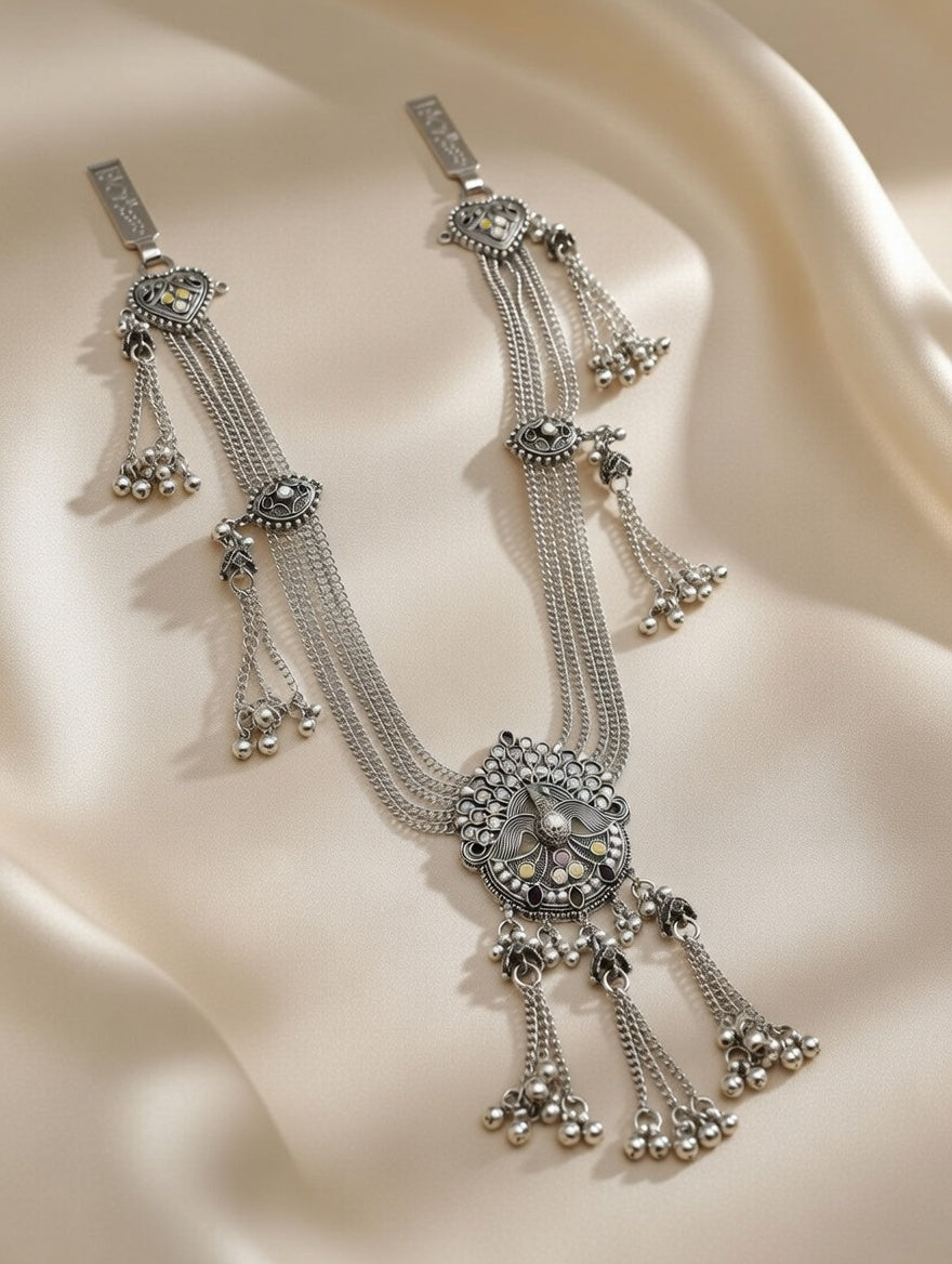 Traditional Peacock Motif Layered Oxidised Silver Kamarband