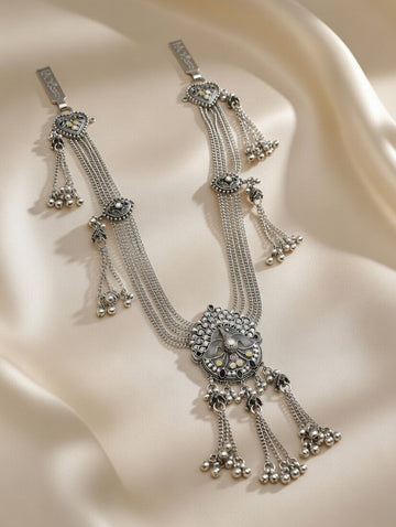 Traditional Peacock Motif Layered Oxidised Silver Kamarband