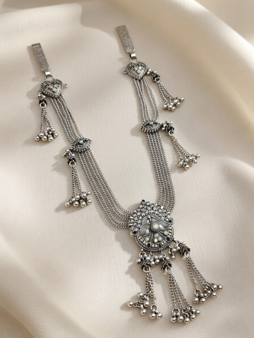 Traditional Peacock Motif Layered Oxidised Silver Kamarband