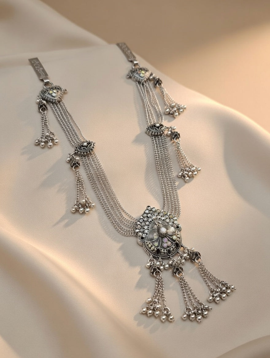 Traditional Peacock Motif Layered Oxidised Silver Kamarband
