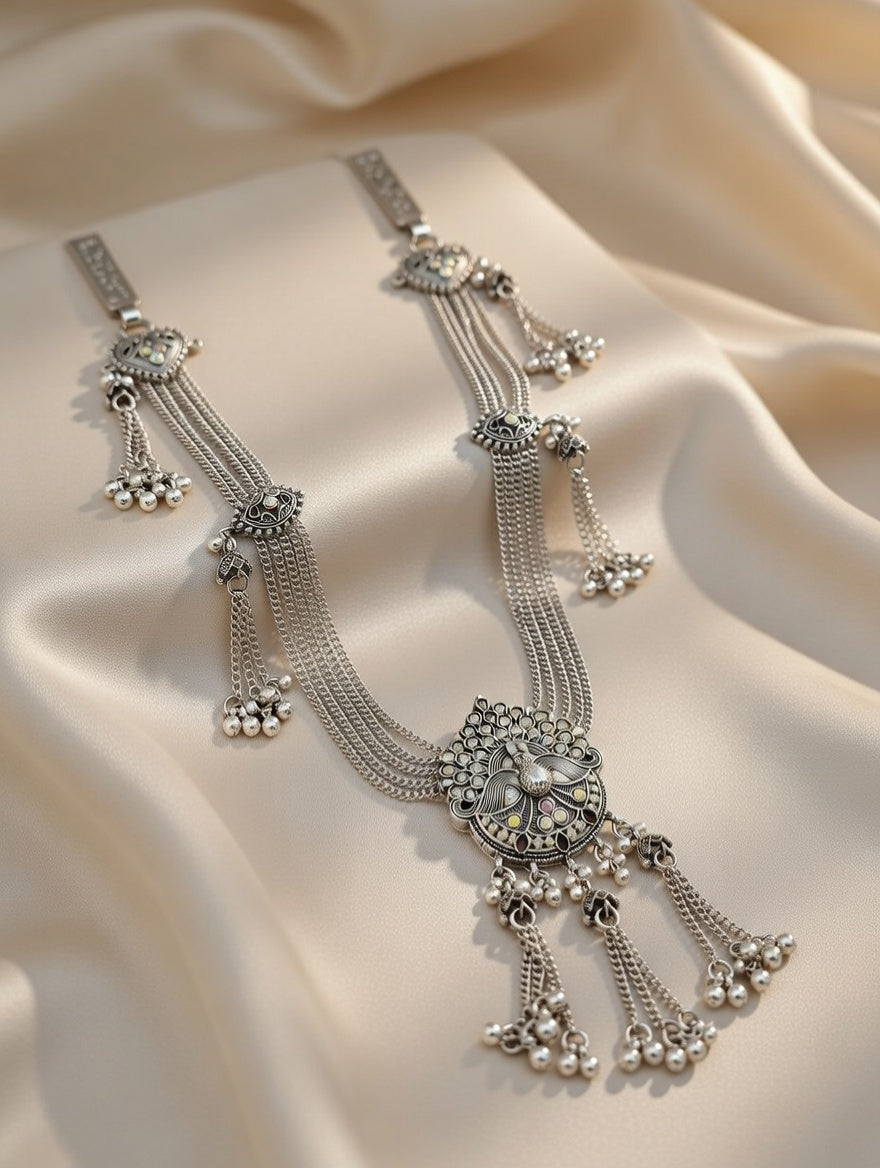 Traditional Peacock Motif Layered Oxidised Silver Kamarband