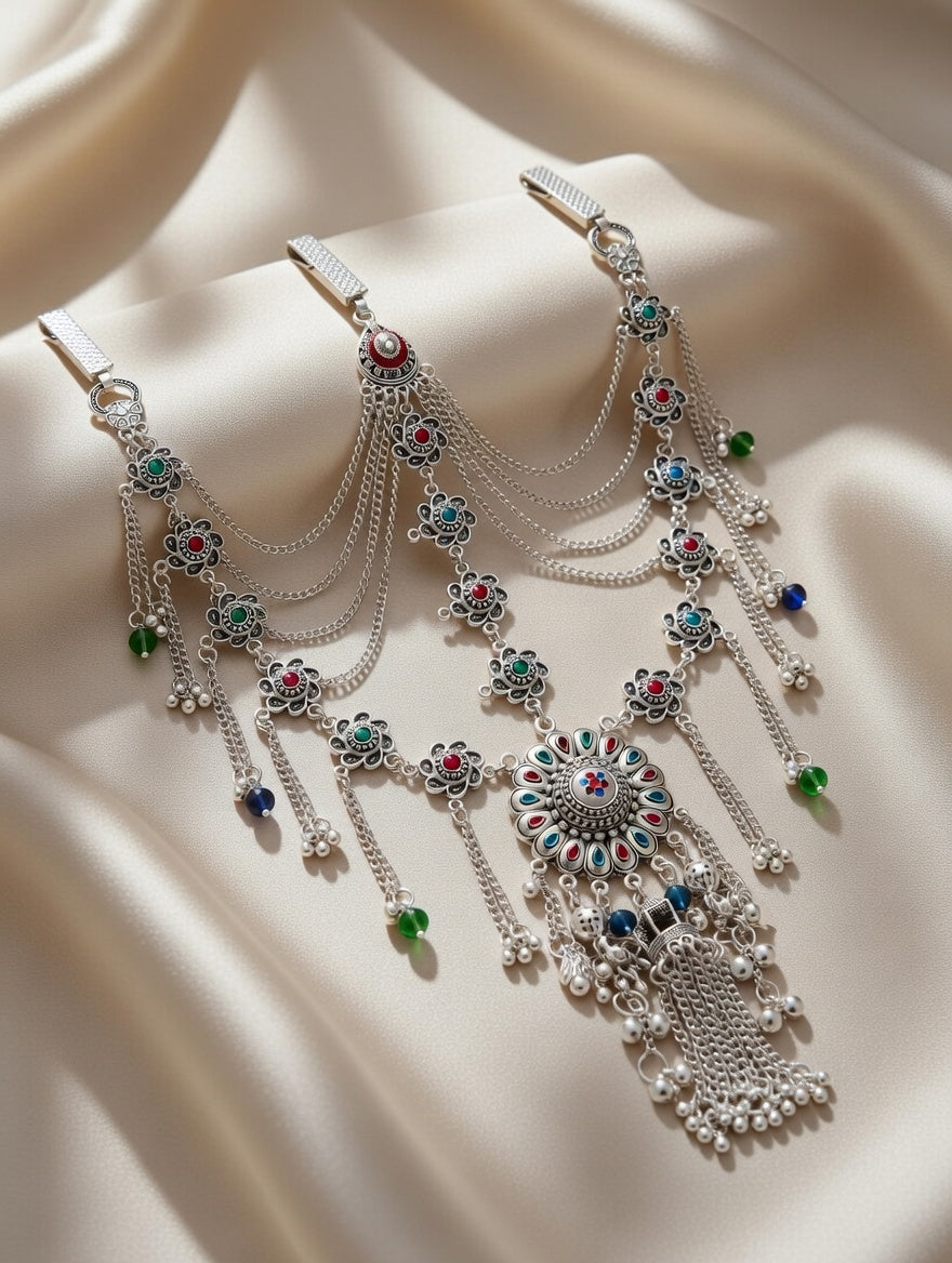 Traditional Silver Oxidized Multi-Layered Kamarband with Floral Accents