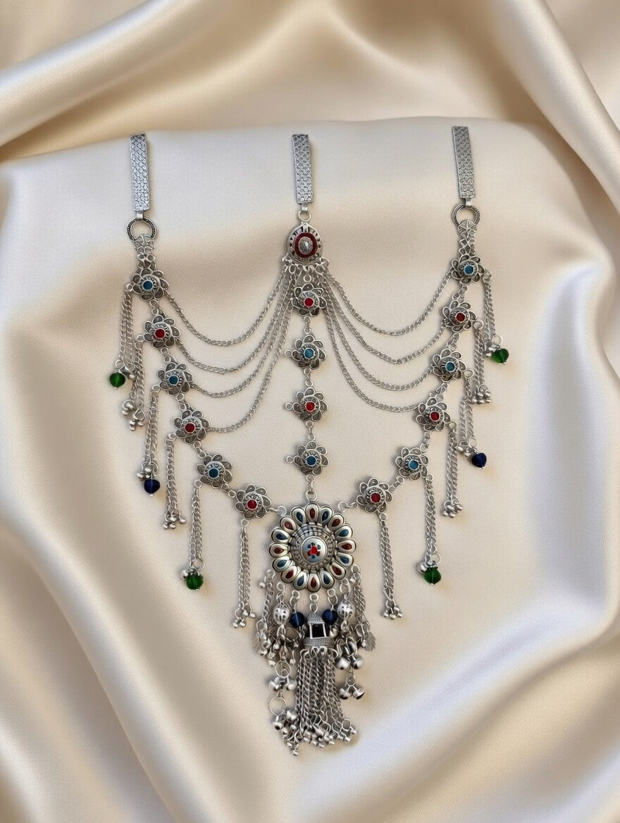 Traditional Silver Oxidized Multi-Layered Kamarband with Floral Accents