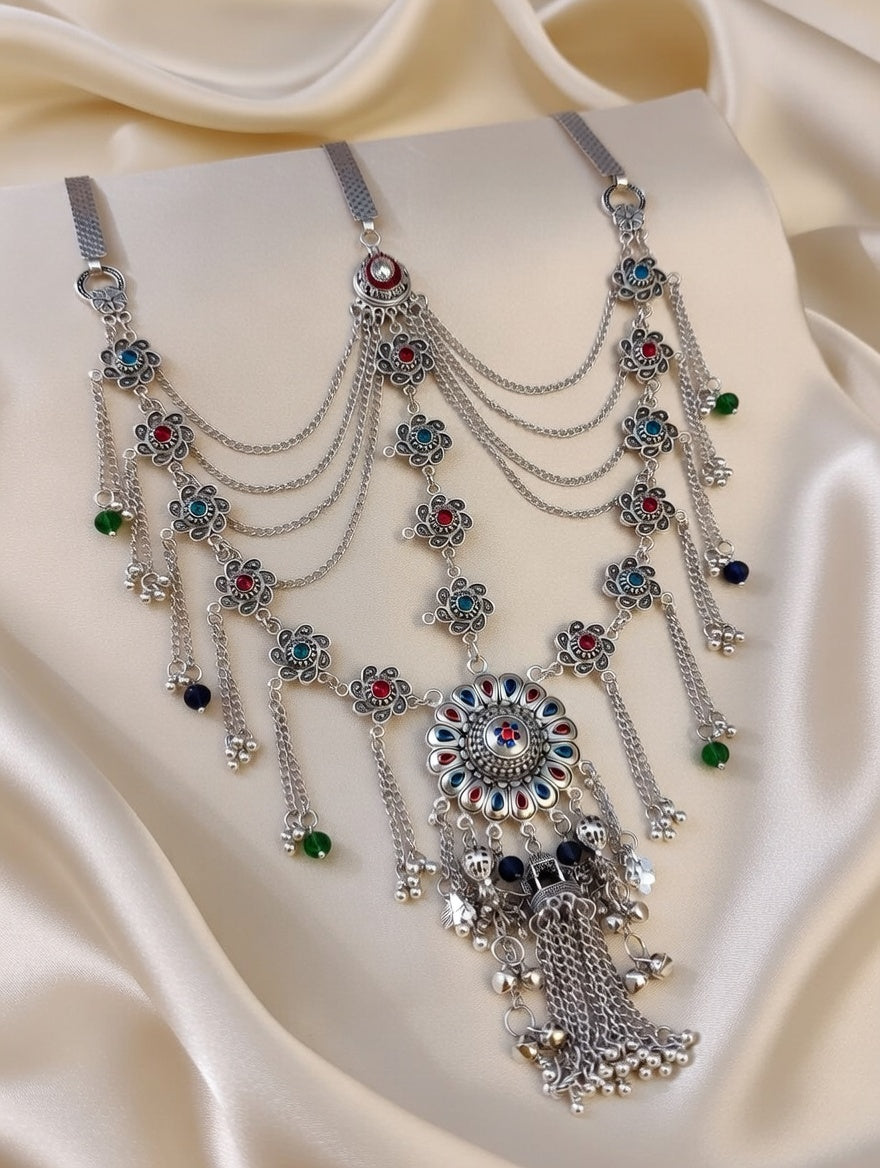 Traditional Silver Oxidized Multi-Layered Kamarband with Floral Accents