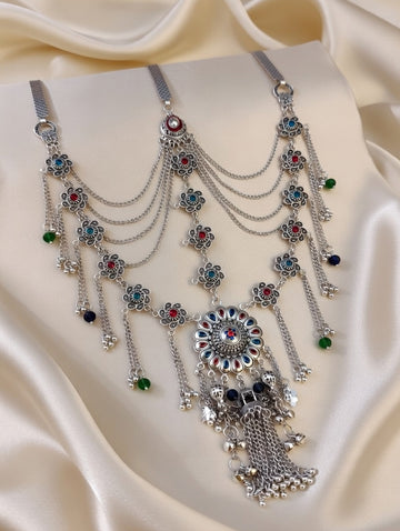 Traditional Silver Oxidized Multi-Layered Kamarband with Floral Accents