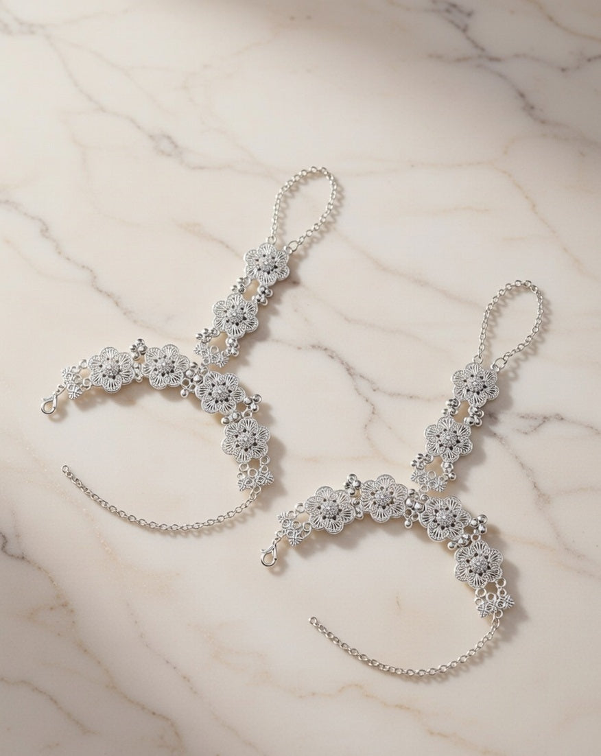 Traditional Silver-Plated Floral Filigree Hathphool - Set