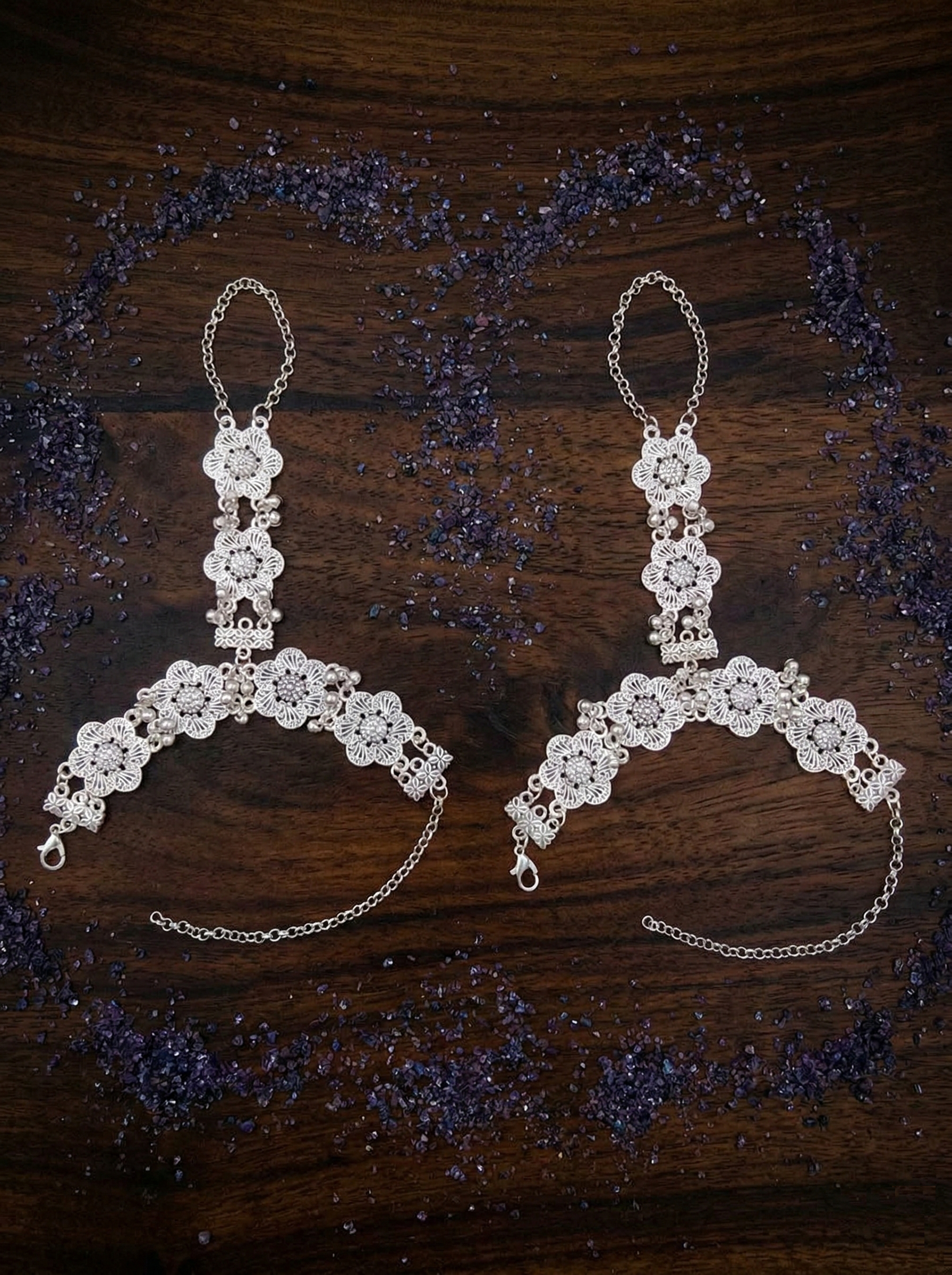 Traditional Silver-Plated Floral Filigree Hathphool - Set