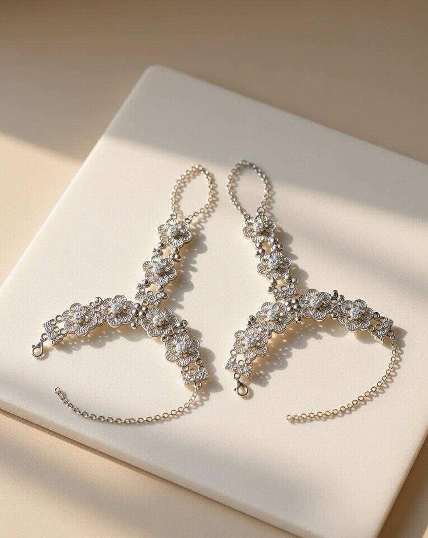 Traditional Silver-Plated Floral Filigree Hathphool - Set
