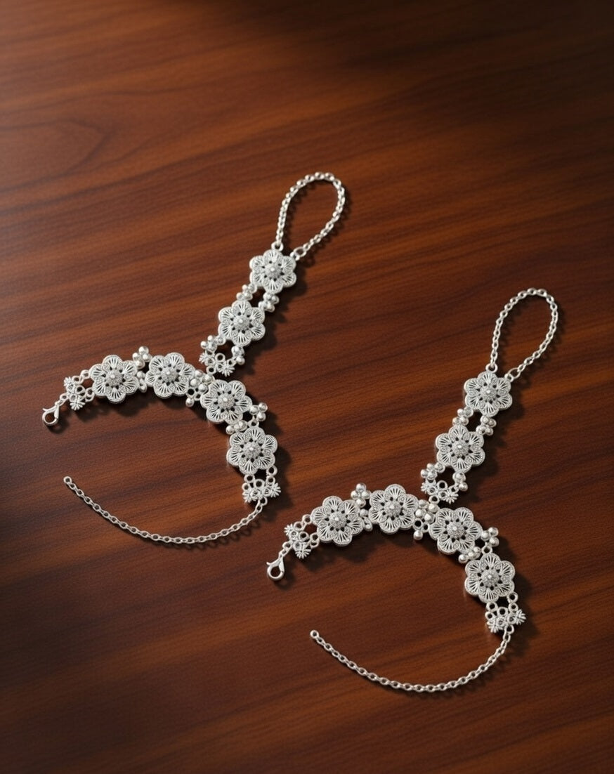Traditional Silver-Plated Floral Filigree Hathphool - Set