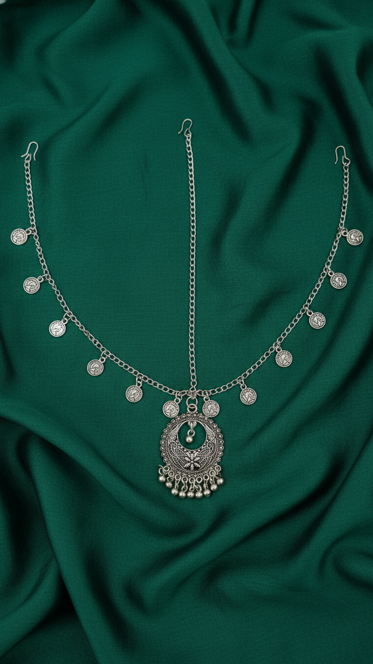 Tribal Oxidised Silver Matha Patti with Coin Charms and Floral Jhumka Pendant