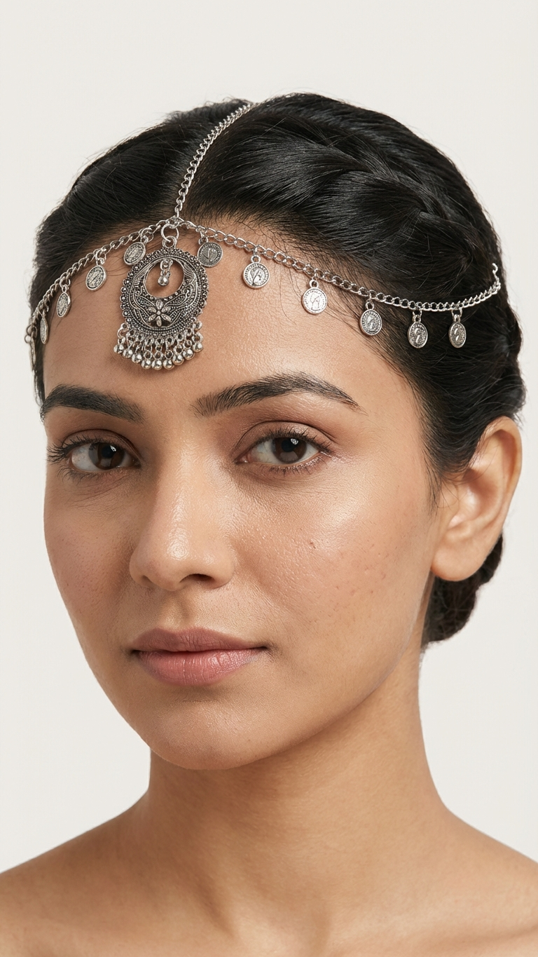 Tribal Oxidised Silver Matha Patti with Coin Charms and Floral Jhumka Pendant