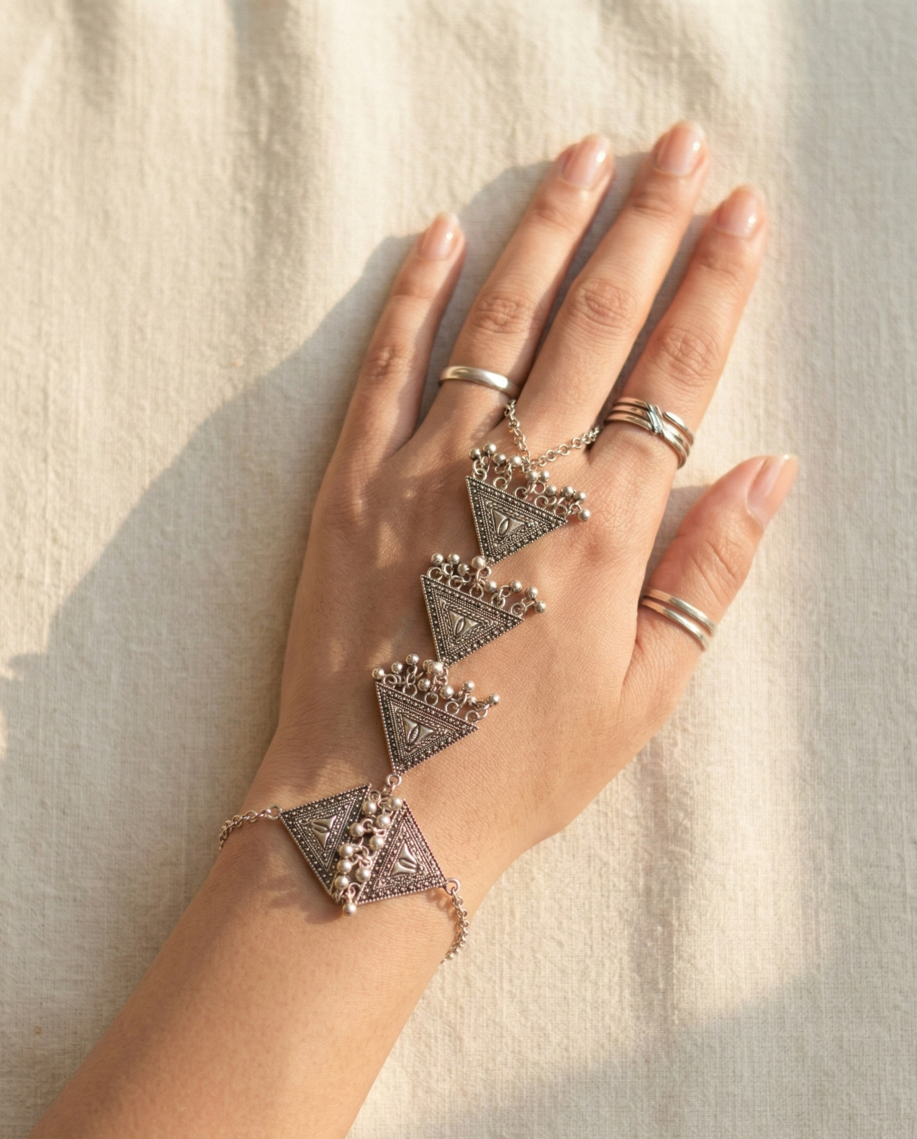 Tribal Oxidized Silver Geometric Hathphool Bracelet