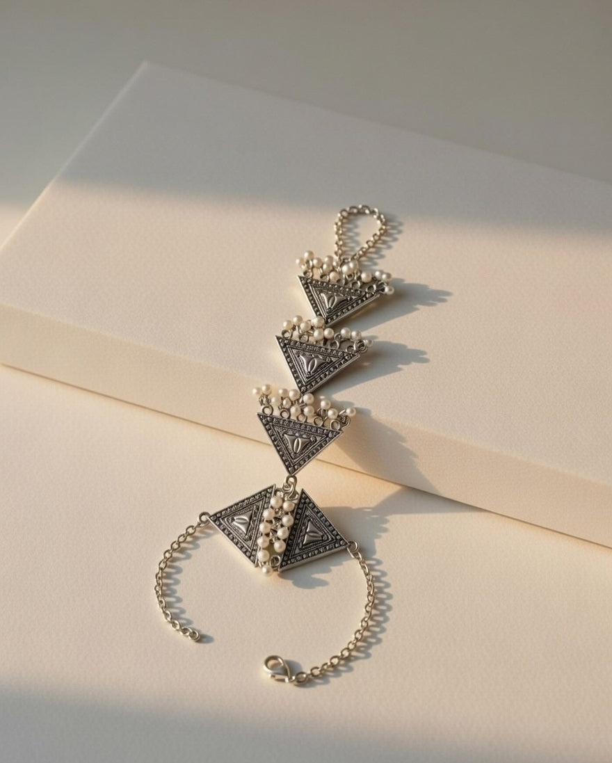 Tribal Oxidized Silver Geometric Hathphool Bracelet