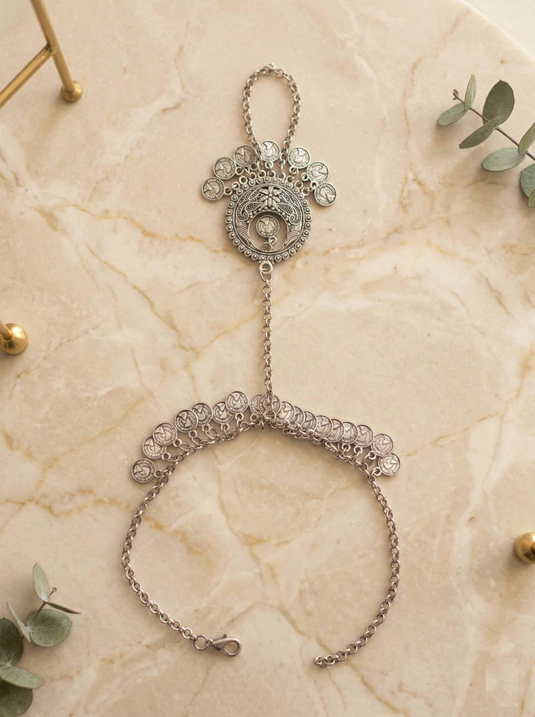 VIHAL ORNAMENTS Oxidized Silver Boho Coin Hath Panja- Adjustable Hand Harness for Women