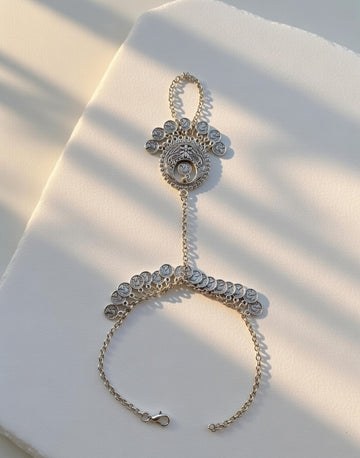 VIHAL ORNAMENTS Oxidized Silver Boho Coin Hath Panja- Adjustable Hand Harness for Women