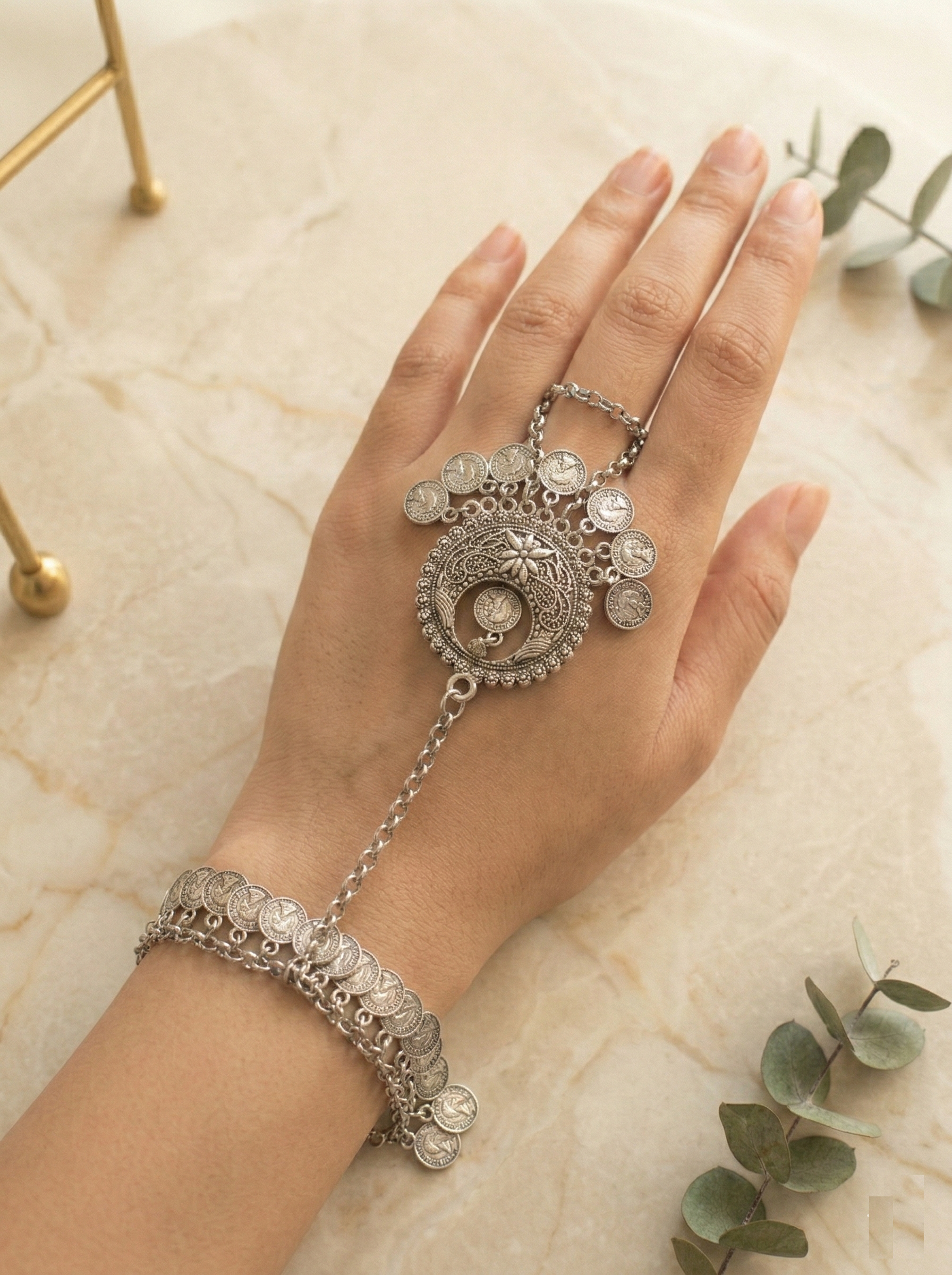 VIHAL ORNAMENTS Oxidized Silver Boho Coin Hath Panja- Adjustable Hand Harness for Women