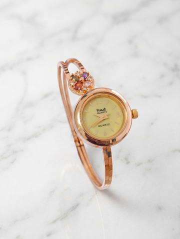 Vihal Ornaments Elegant Rose Gold Plated Multi-Color Stone Studded Bracelet Watch for Women