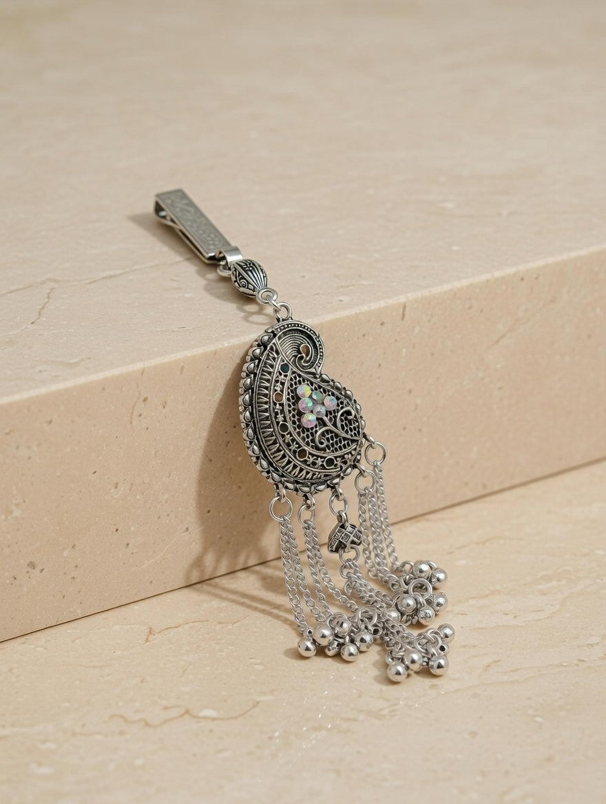 Vintage Style Silver Oxidized Waist Keychain Paisley Filigree Design
