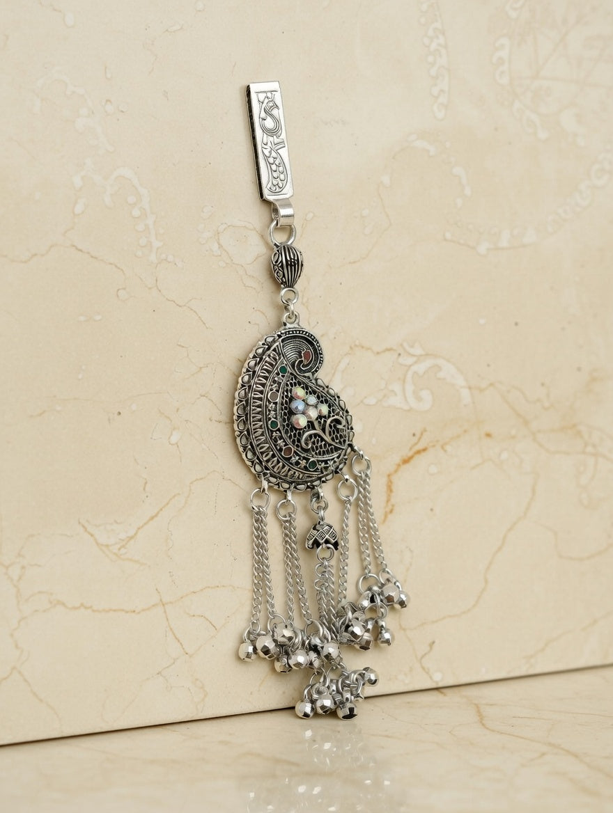 Vintage Style Silver Oxidized Waist Keychain Paisley Filigree Design