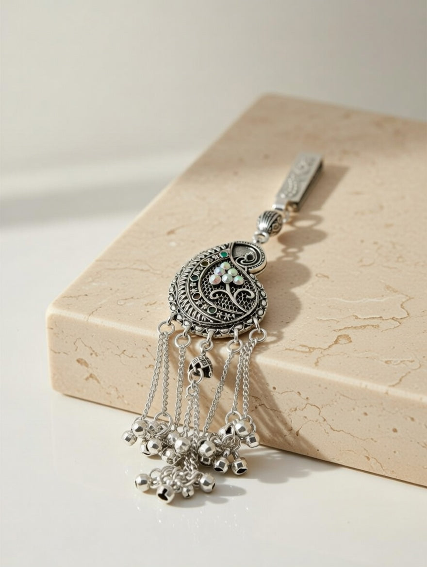 Vintage Style Silver Oxidized Waist Keychain Paisley Filigree Design