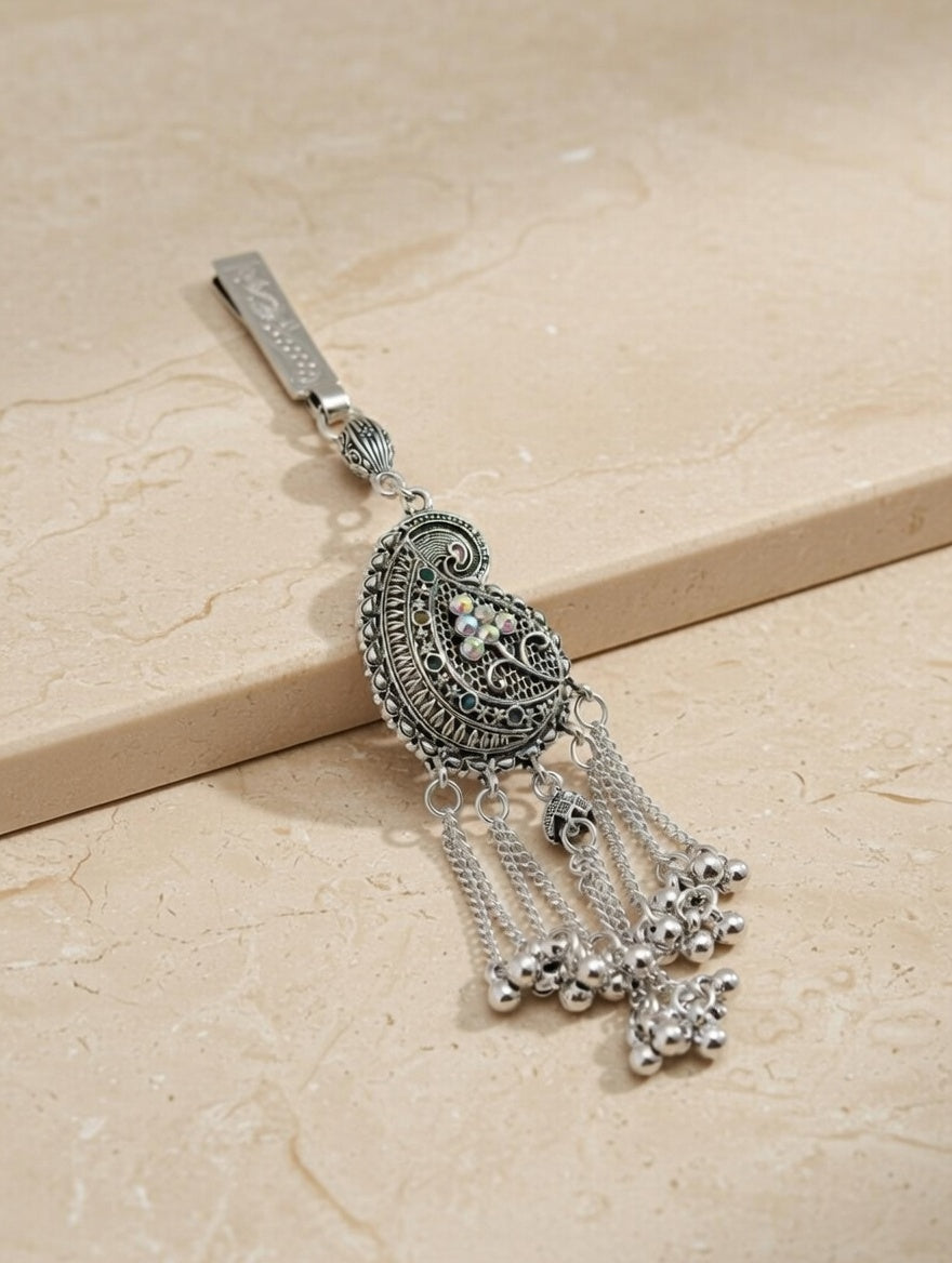 Vintage Style Silver Oxidized Waist Keychain Paisley Filigree Design