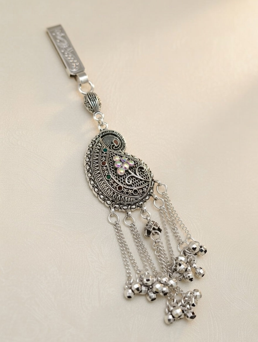 Vintage Style Silver Oxidized Waist Keychain Paisley Filigree Design